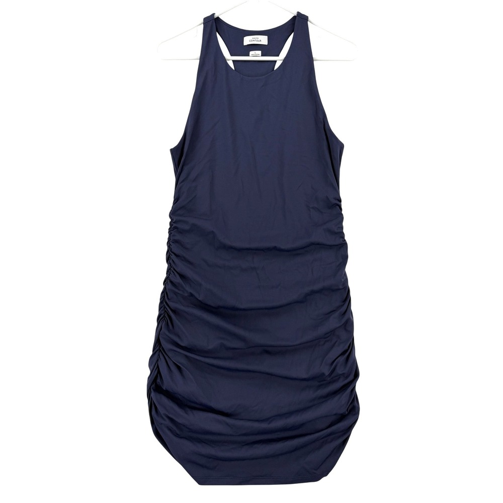 Babaton Contour Dress Womens Large Blue Ruched Bodycon Mini Sleeveless High Neck